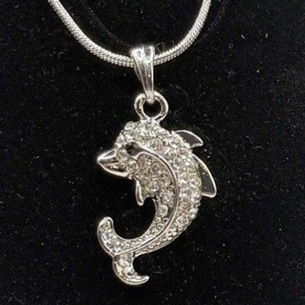 Colorless Rhinestone Fish Necklace 17" Snake Chain Nautical Silver